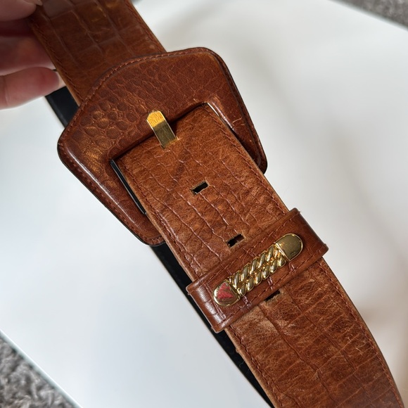 Vintage Crocodile Embossed Leather Wide Belt Brown Tan Gold Accents 90’s main image 14